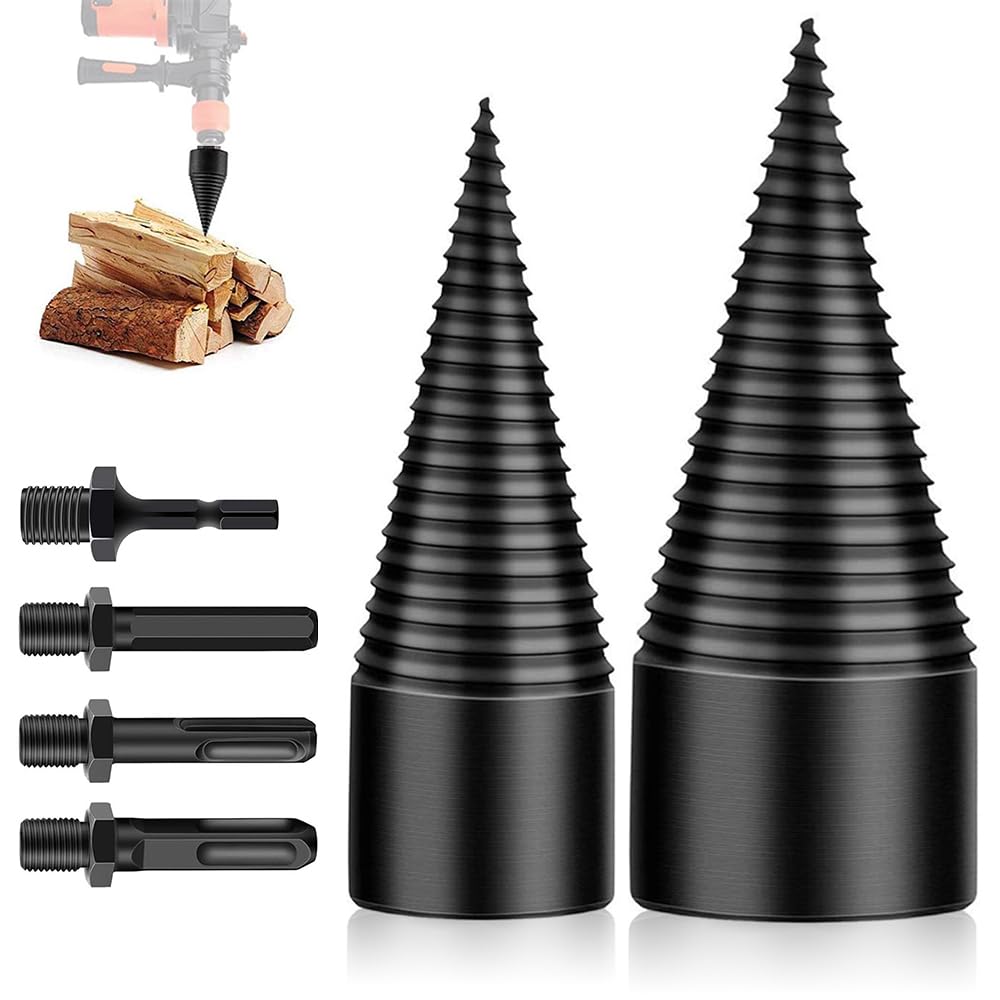 Taladro divisor de leña, 45mm 32mm Divisor de Troncos, broca de división de madera, cortador de leña, Taladro cono divisor de madera Partir troncos de madera con 4 mangos de perforación