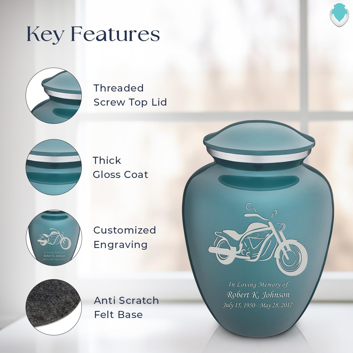 Geturns - Adult Personalized Motorcycle Cremation Urns for Human Ashes I Large Teal Funeral Urn for Men and Women I 200 lbs
