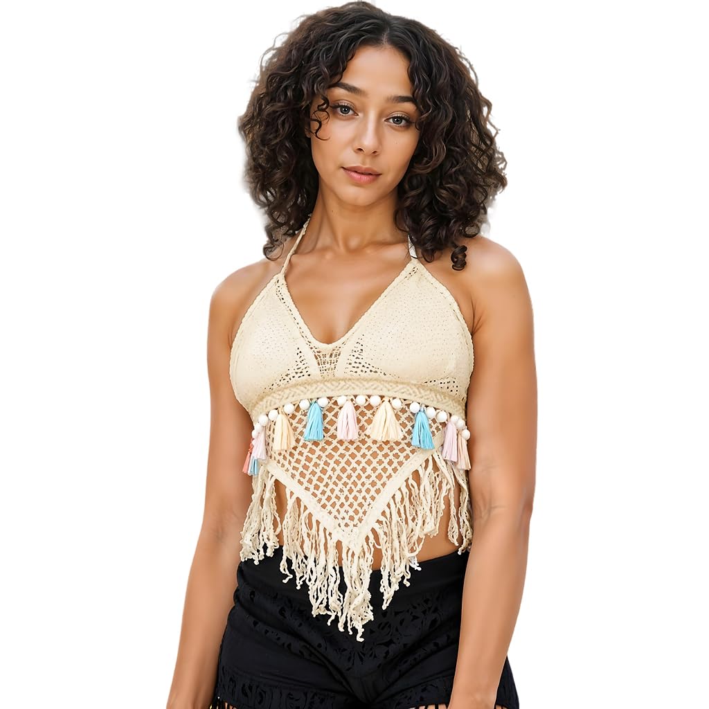 Women's Summer Crochet Granny Square Halter Tops Boho Sleeveless Backless Fringe Trim Cami Cover Up Tank Crop Top