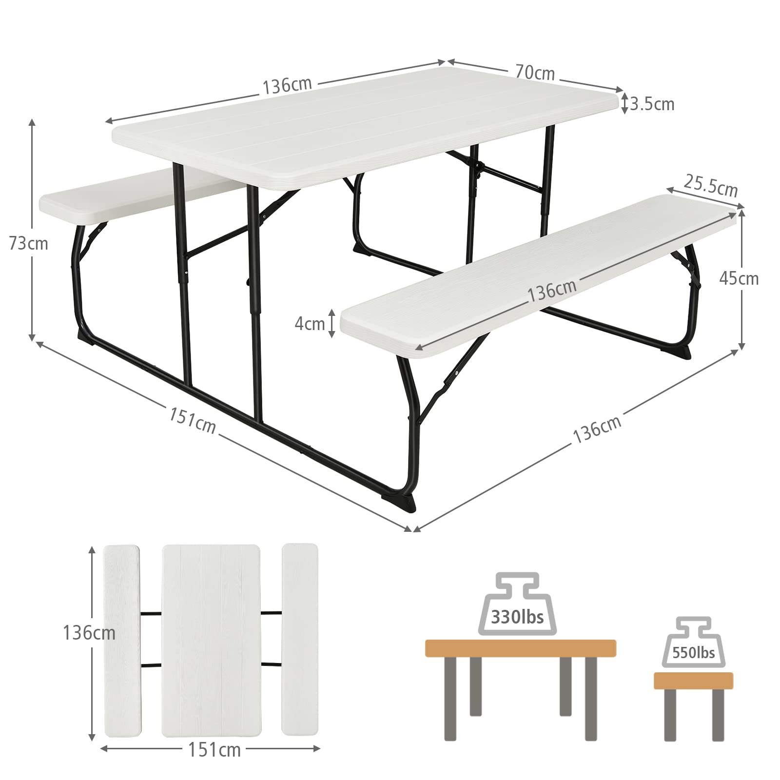 KOMFOTTEU Juego de Mesa y Sillas de Picnic Plegable, Juego de Muebles de Cerveza de 3 Piezas con 1 Mesa y 2 Bancos, Juego de Camping Portátil para Exteriores con Marco Metálico