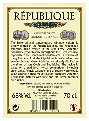 Absinth République von ALANDIA | Premium Qualität mit Weinalkohol destilliert | Original aus Frankreich | 68% Vol. | | (1x 0,7 l)