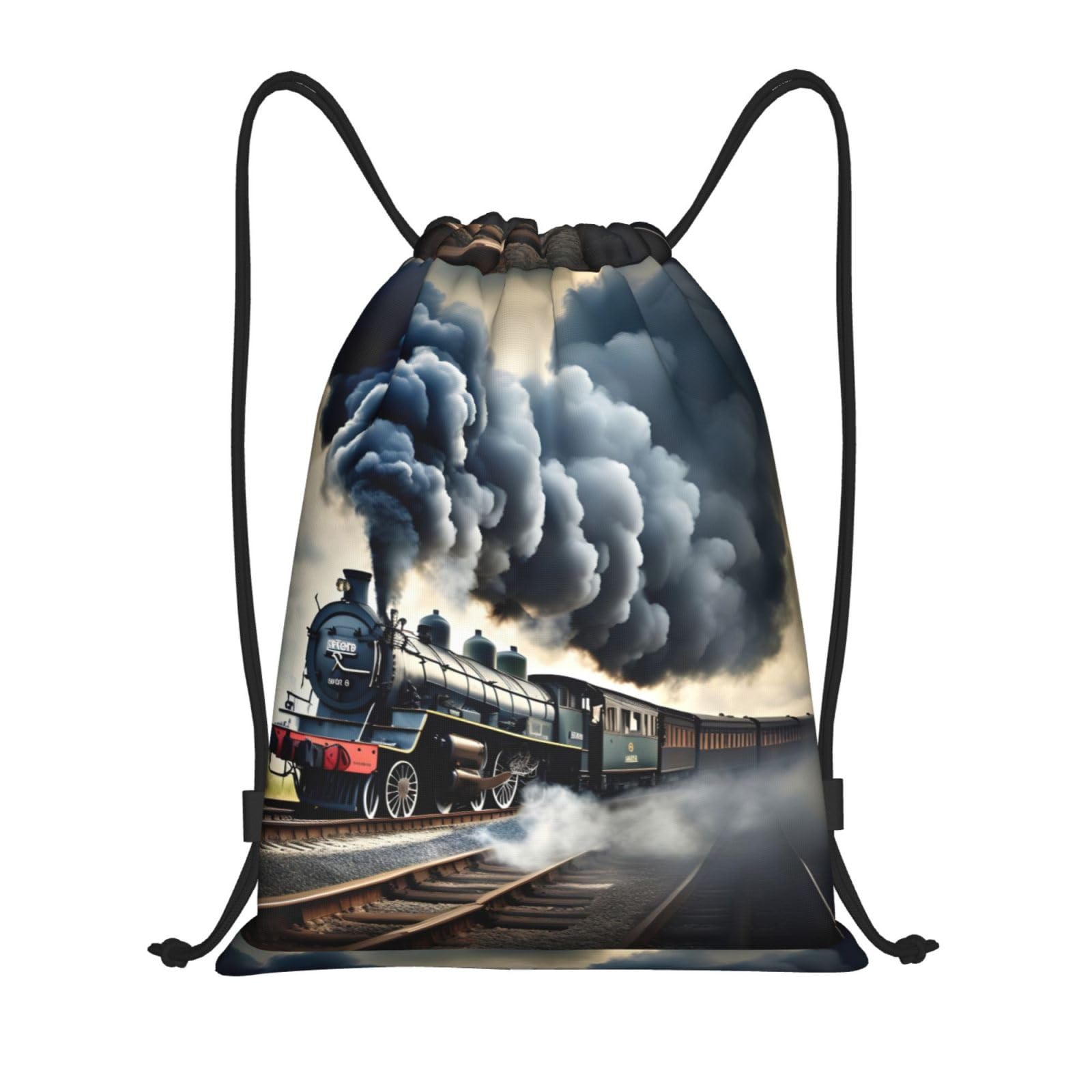 WURTON Steam Train Clouds Print Lightweight Drawstring Bags Waterproof Gym Sack For Men, Women Draw String Back Bag, Black, M