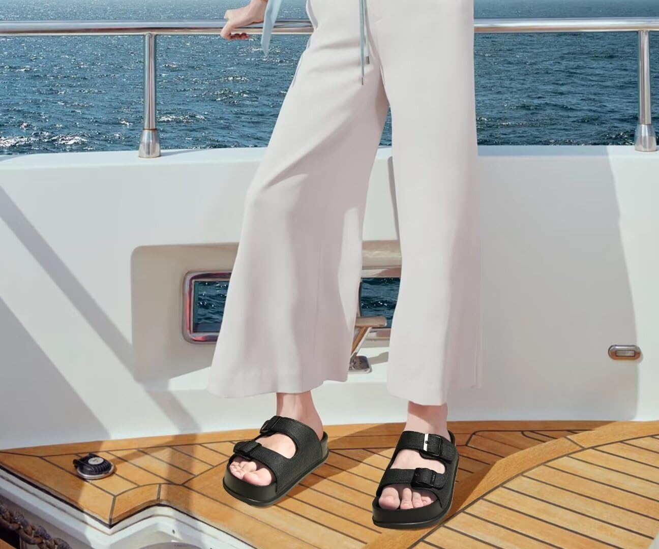 KuaiLu Womens Sandals with Arch Support Comfortable Orthopedic Cushion Recovery Slides Summer Fashion Leather Double Buckle Casual Slip On Plantar Fasciitis Shoes for Indoor&Outdoor (US Size 6-12) - Image 2