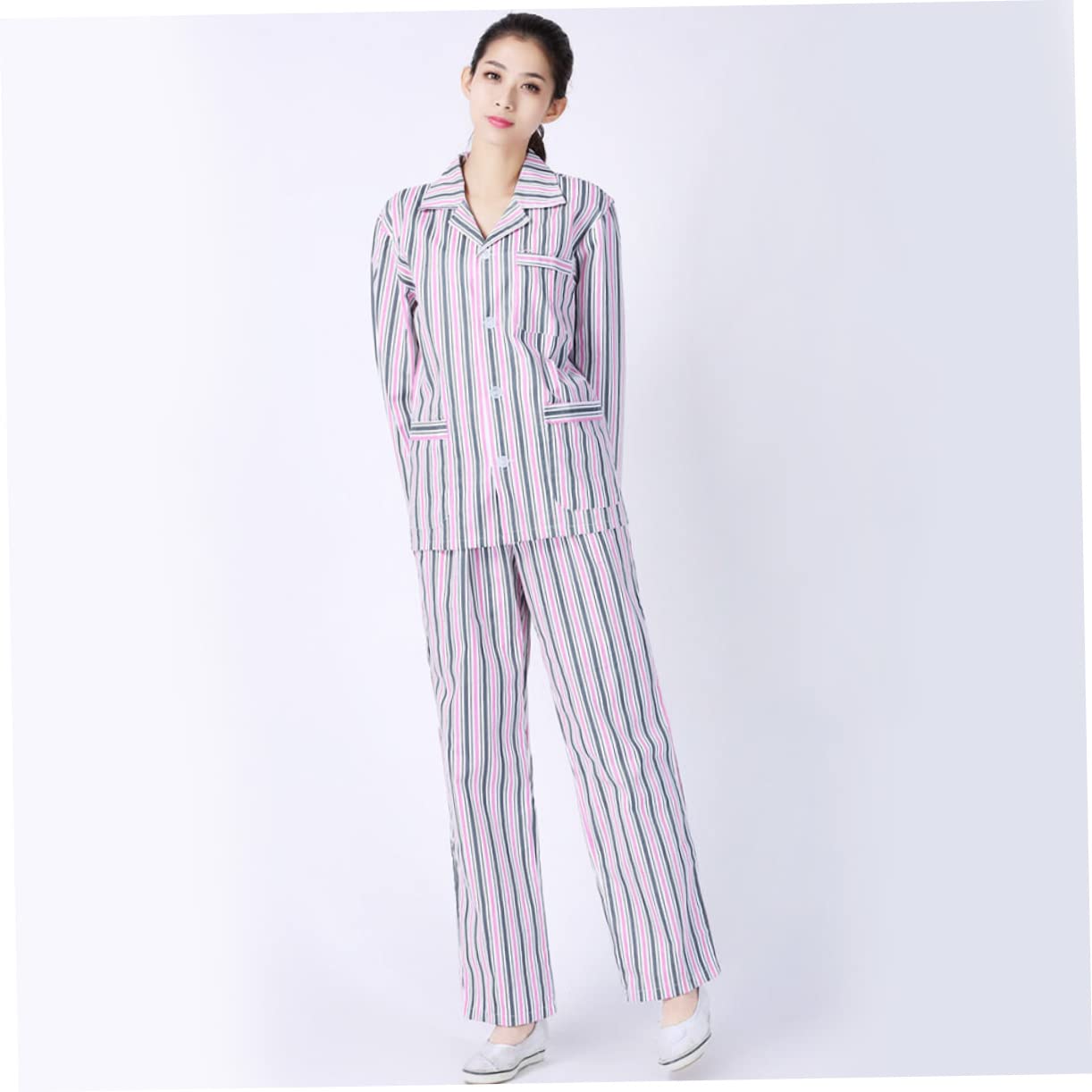 Beaupretty Pijama para Adulto Algodón Cómodo Manga Larga Hospital Ropa para Pacientes Rayas Azul Blanco