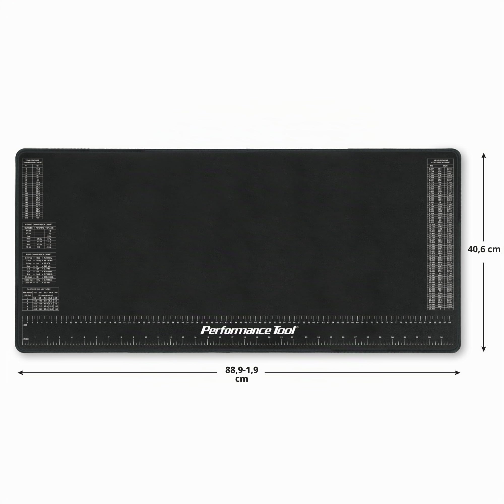 PERFORMANCE TOOL W88977 Neoprenmatte mit Lineal und Referenztabelle, chemikalienbeständig, 40,6 x 90,5 cm, schützt Arbeitsfläche vor Lösungsmitteln und Ölen