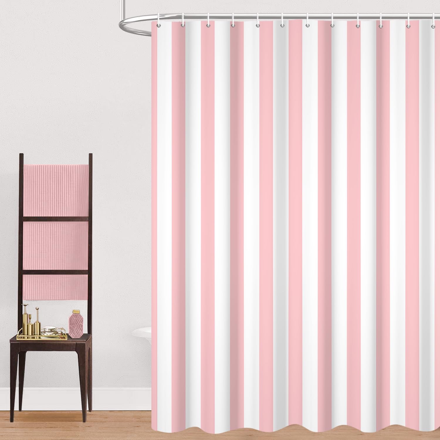 GCIREC Shower Curtain, 120x200cm, Light Pink and White Modern Minimalism Vertical Stripes Waterproof Fabric Machine Washable Bathroom Curtain with Hooks — image 1