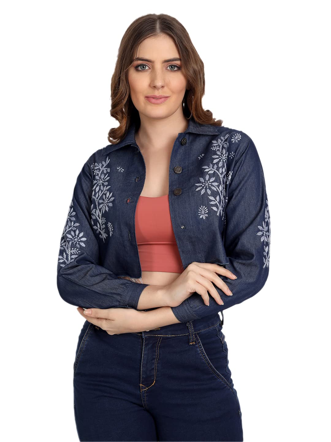 Lucknow Chikankari Hand Embroidered Crop top Denim Jacket-image-21