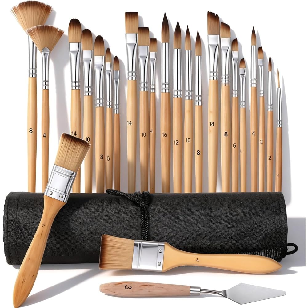 Jnchdghwa For Acrylic Paint Brush Set(25 PCS), Expert Quality Synthetic Nylon Bristles with Short Handle Wide Flat Brushes& for Acrylic Painting Kit