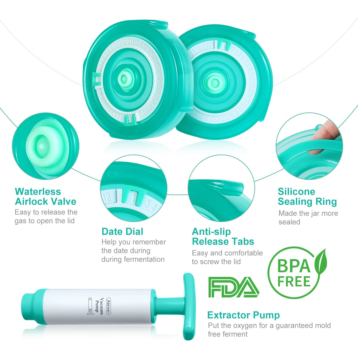 AIEVE Fermentation Lids, 6 Pack Mason Jar Fermenting Lids with Extractor Pump and Sauerkraut Pounder Fermenter Lids Fermentation Kit for Wide Mouth Mason Jars to Make Sauerkraut, Kimchi, Pickles