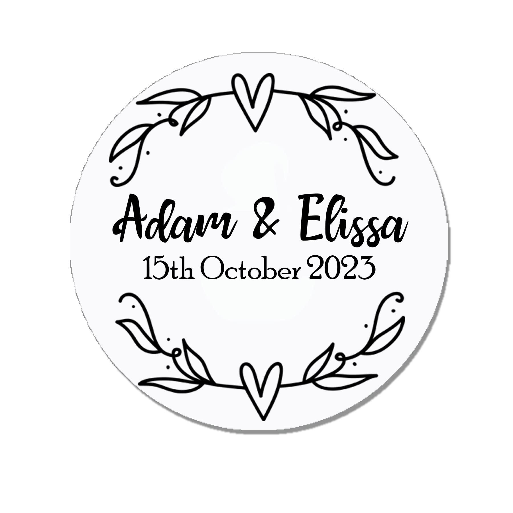 35 x Treasured Forever Personalised Wedding Shabby Brown Kraft Effect Favour Round Stickers (35mm) Hearts (Design 3 - White D)