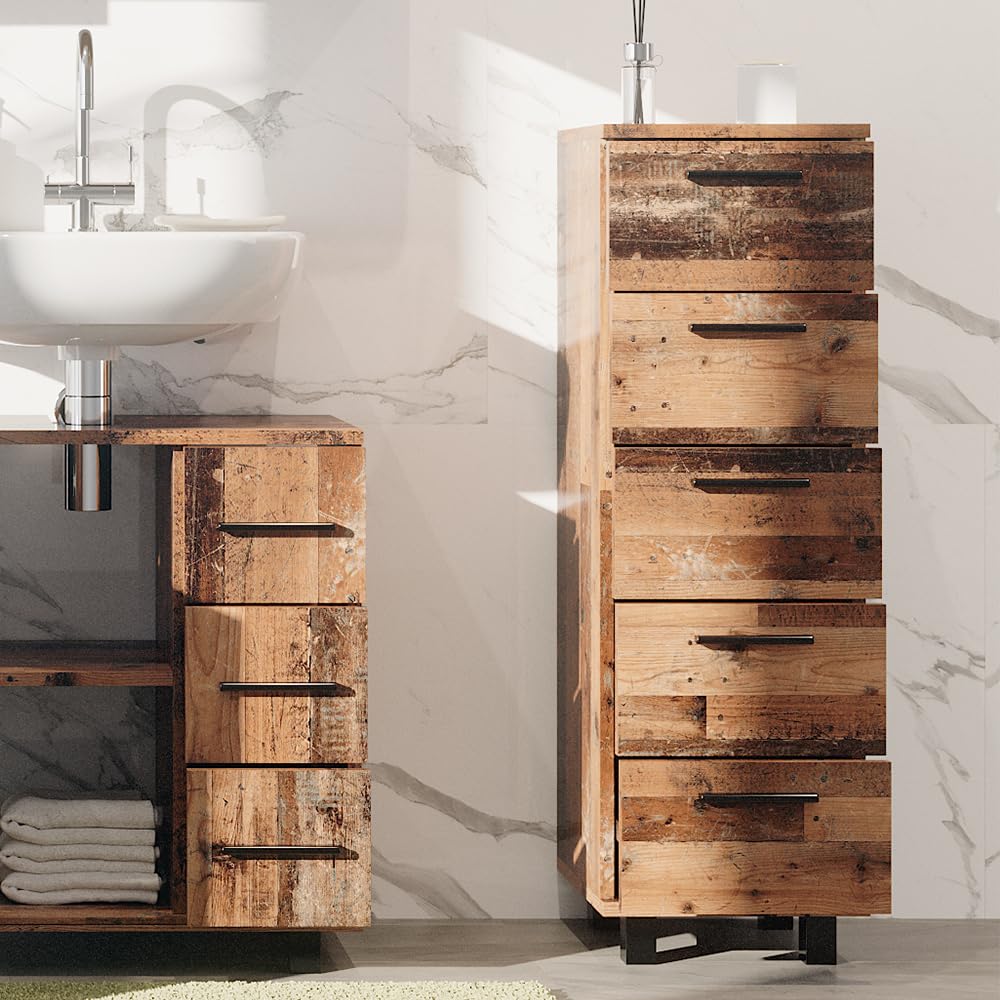 Vicco Meuble Salle de Bain Ilias, Chêne Rustique, 30x95cm avec 5 tiroirs, adapté à la Fixation Murale et Compatible avec la série Ilias