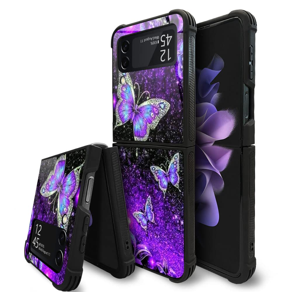 DJSOK Case for Samsung Galaxy Z Flip 3 5G,Luxury Pattern Design Shockproof Rugged Cover,Cases for Man Woman-Purple Glitter Butterfly