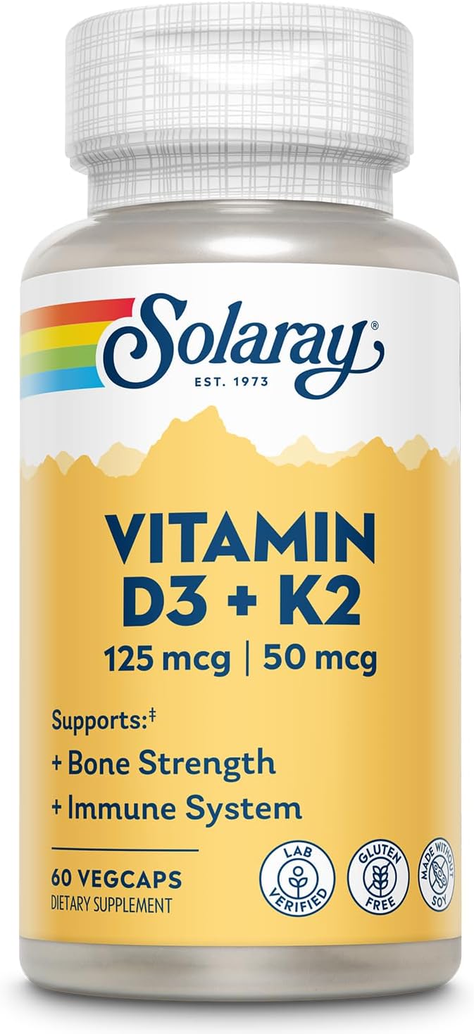 SOLARAY Vitamin D3 K2, K2 D3 Vitamin Supplement for Calcium Absorption, Bone Strength, Cardiovascular & Immune Function Support, Made Without Soy, 60-Day Guarantee, 60 Servings, 60 VegCaps