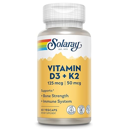 SOLARAY Vitamin D3 K2 - Bone Health and Immune Support Supplement - with 5000 IU Vitamin D as VIT D3 and 50 mcg Vitamin K2 as Menoquinone MK7, Made Without Soy, 60-Day Guarantee, 60 Serv, 60 VegCaps