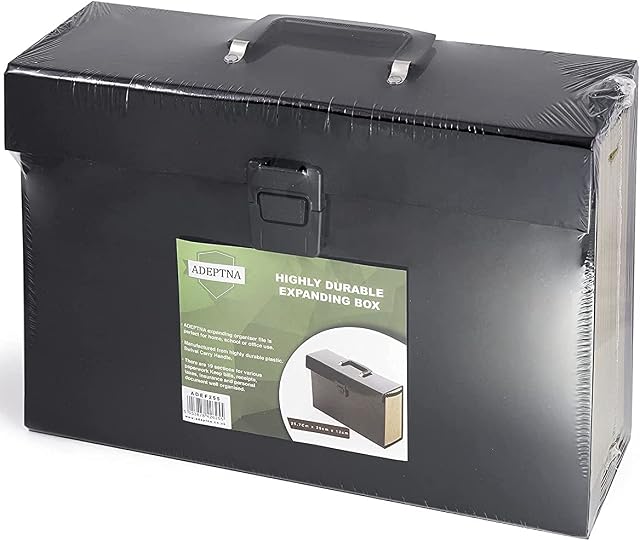 ADEPTNA Highly Durable 18 Pocket Expanding Box File Organiser A4 Paper Folder Case - Perfect for Home School Office Use (Black)
