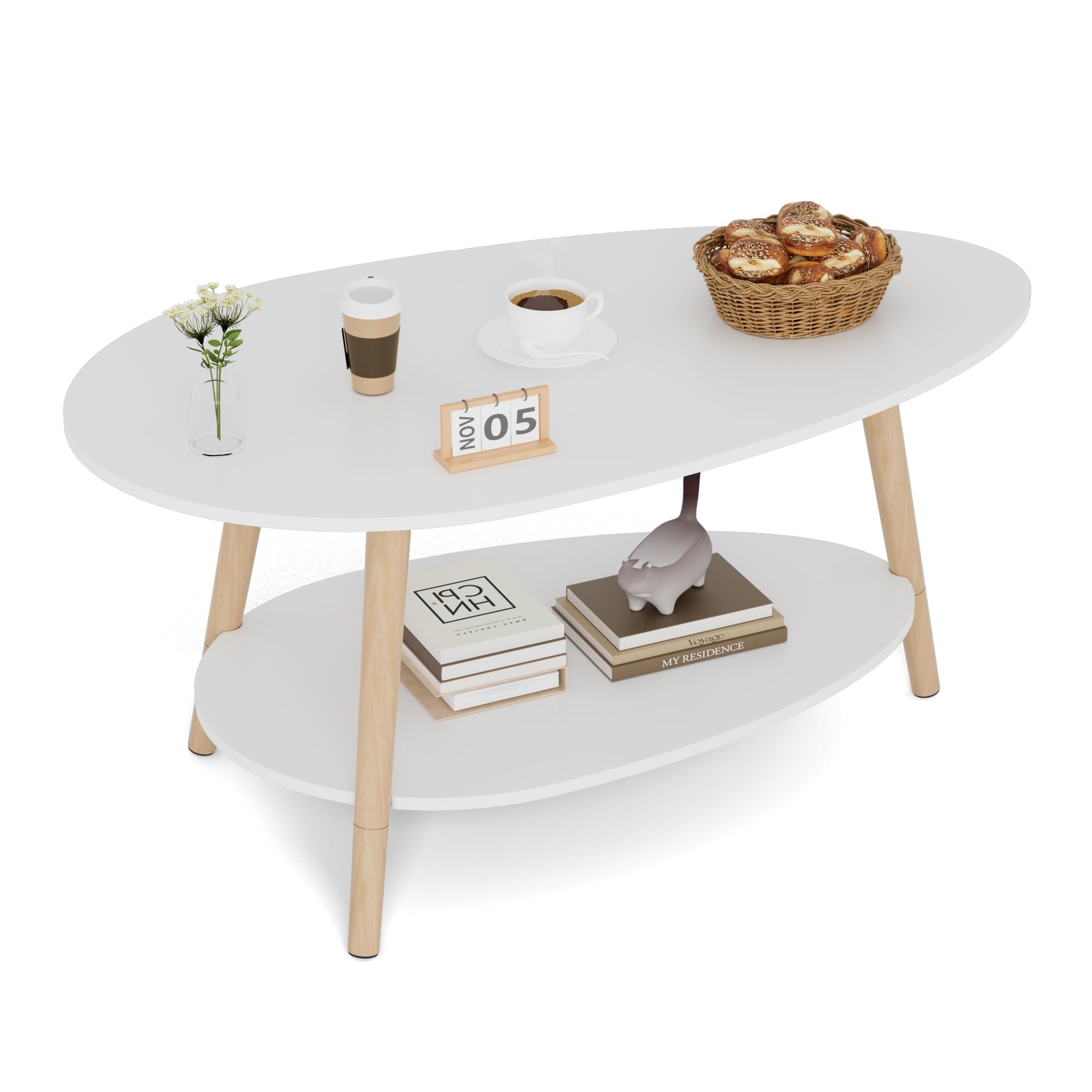 BonVache Table de Thé en Bois Massif, Table de Salon Ovale à Double Niveau, Table Ronde pour Salon, Table Basse, Table d'Appoint, Table à Thé, Blanc