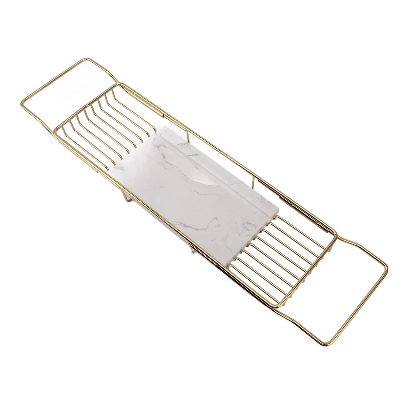 JKJZSALJ Over The Bathtub Shelf Rack - Bath Basin Table Tray For Shampoo & Essentials - Adjustable Wire Bathing Storage-Gold White