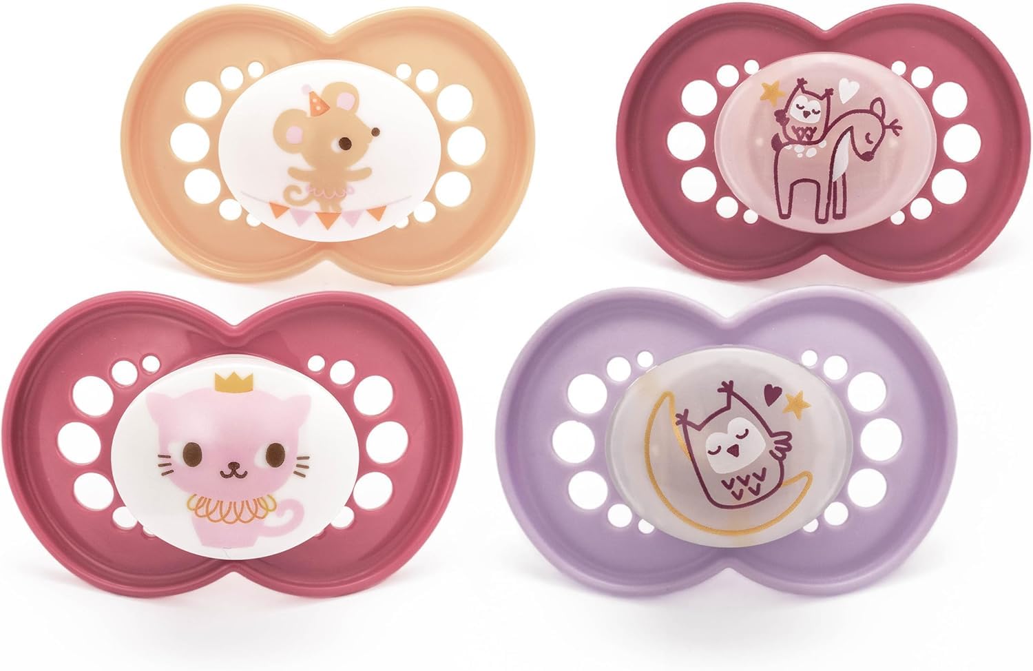 MAM Original Day & Night Soothers | 6-18 Months | 4 Pack | Includes 2X Glow in The Dark Dummies | Orthodontic Design | Baby Accessories | Pink (Various Designs)