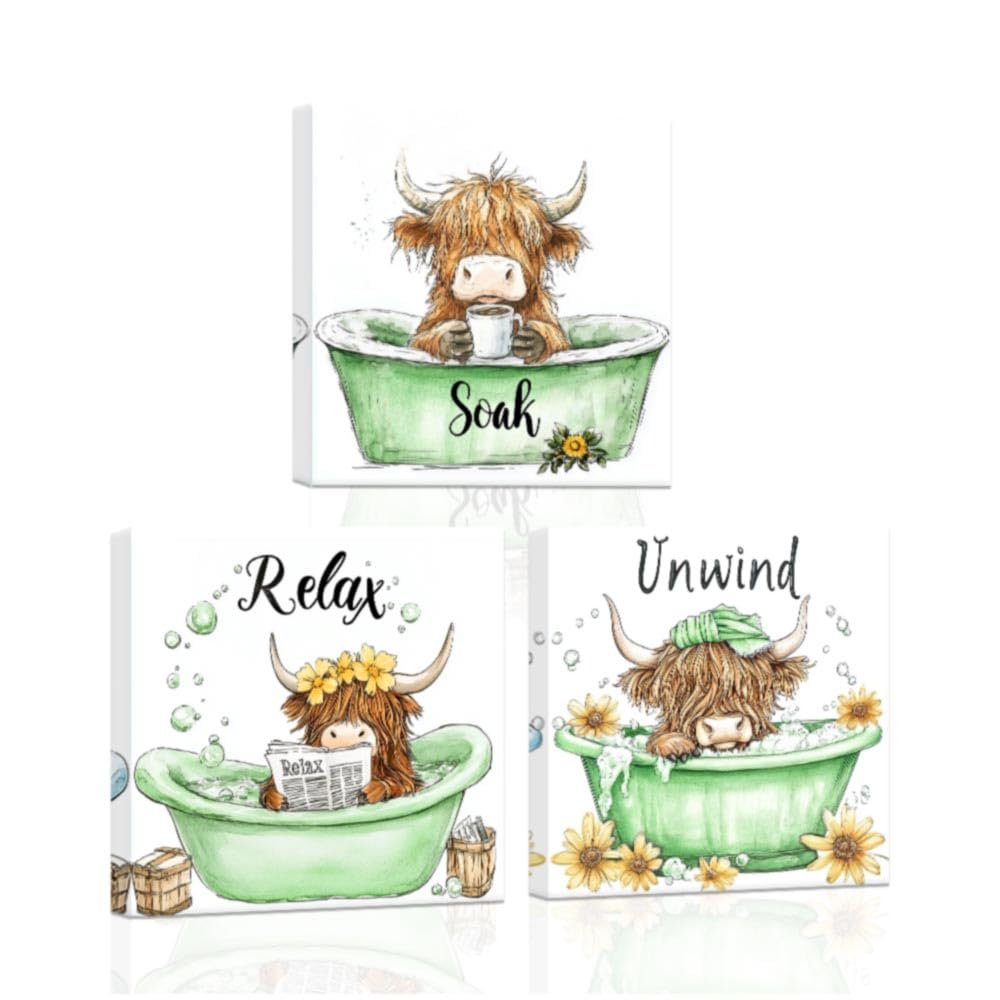 ZXHYWYM Funny Highland Cow Bathroom Decor Animal Bathroom Wall Art 3 Pieces Cow Bath Pictures Relax Soak Unwind Bathroom Canvas Kids Bathroom Prints Framed (Green, (60x60cmx3))