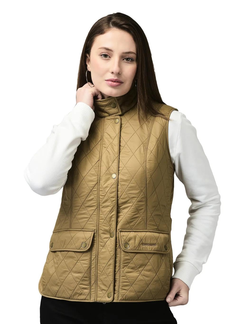 Women’s Gold Quilted Sleeveless – Lightweight Winter Casual with Front Zip & Snap Button Pockets, Regular Fit Polyamide Coat