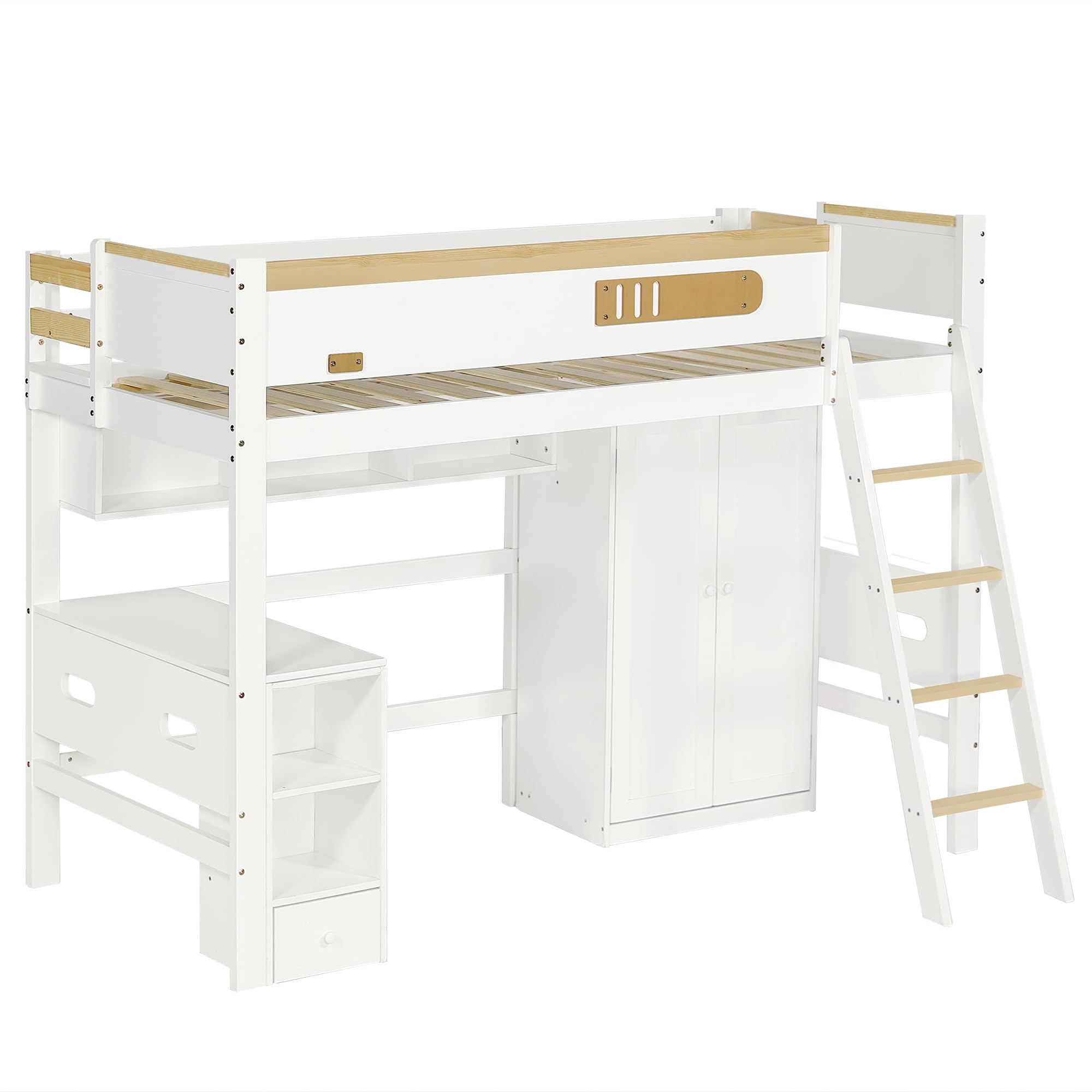 Cama Alta para Niños 90 x 200 cm, Litera con Rejilla de Protección, Mesa, Armario y Estantería Abierta - Amplio Espacio de Almacenamiento