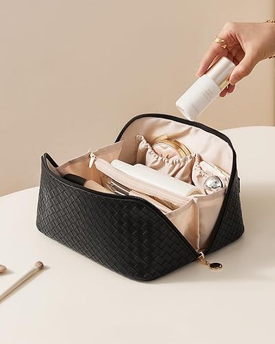 Miniatura 7 de EACHY Bolsa de maquillaje de viaje, bolsa de cosméticos de gran capacidad para mujeres, bolsa portátil impermeable, bolsa de aseo plana abierta,