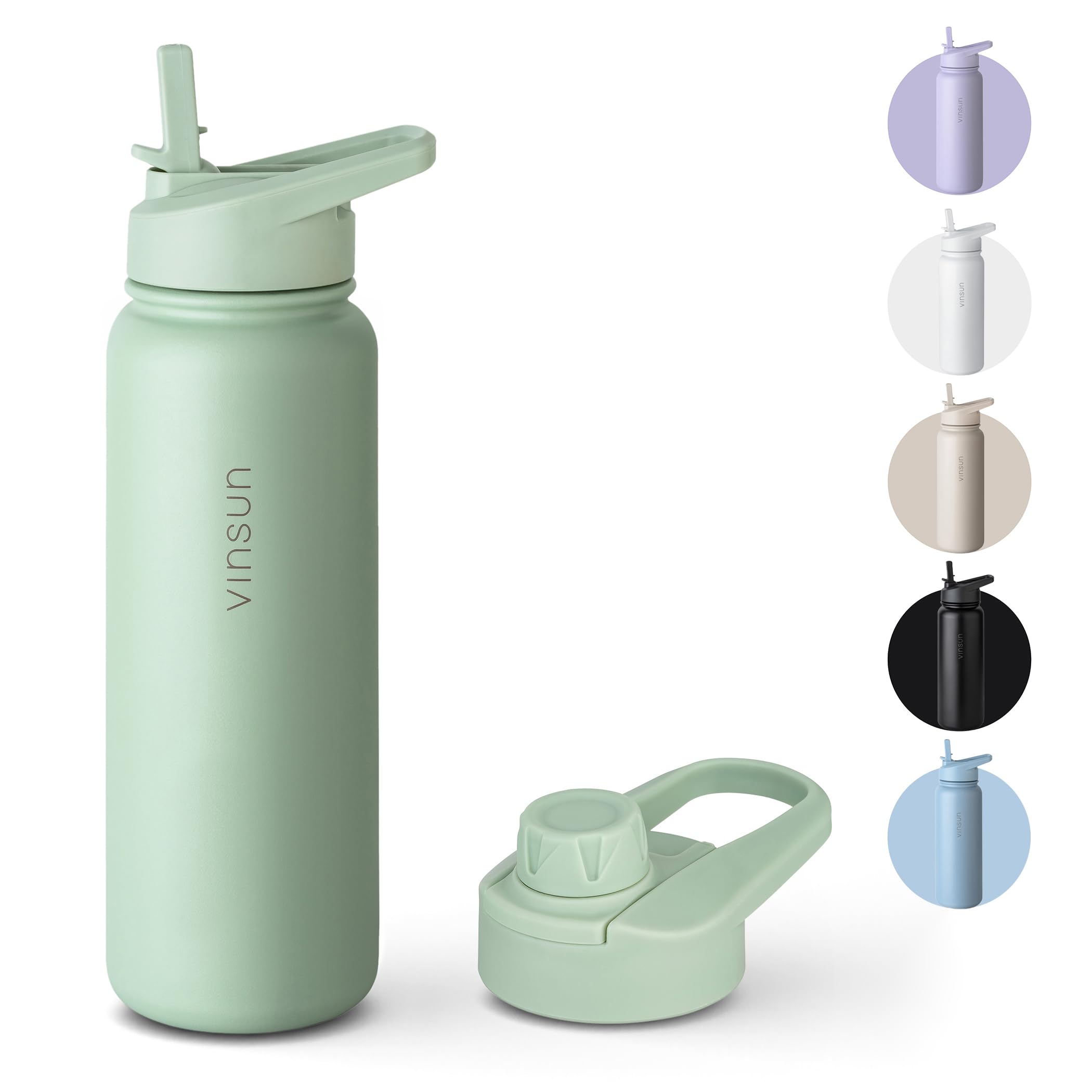 Vinsun Trinkflasche Edelstahl grün 750ml - auslaufsicher, Kohlensäure geeignet, BPA frei - Strohhalm, Trinköffnung - Thermosflasche Sport, Outdoor, Schule, Wandern, Fahrrad, Büro, Camping