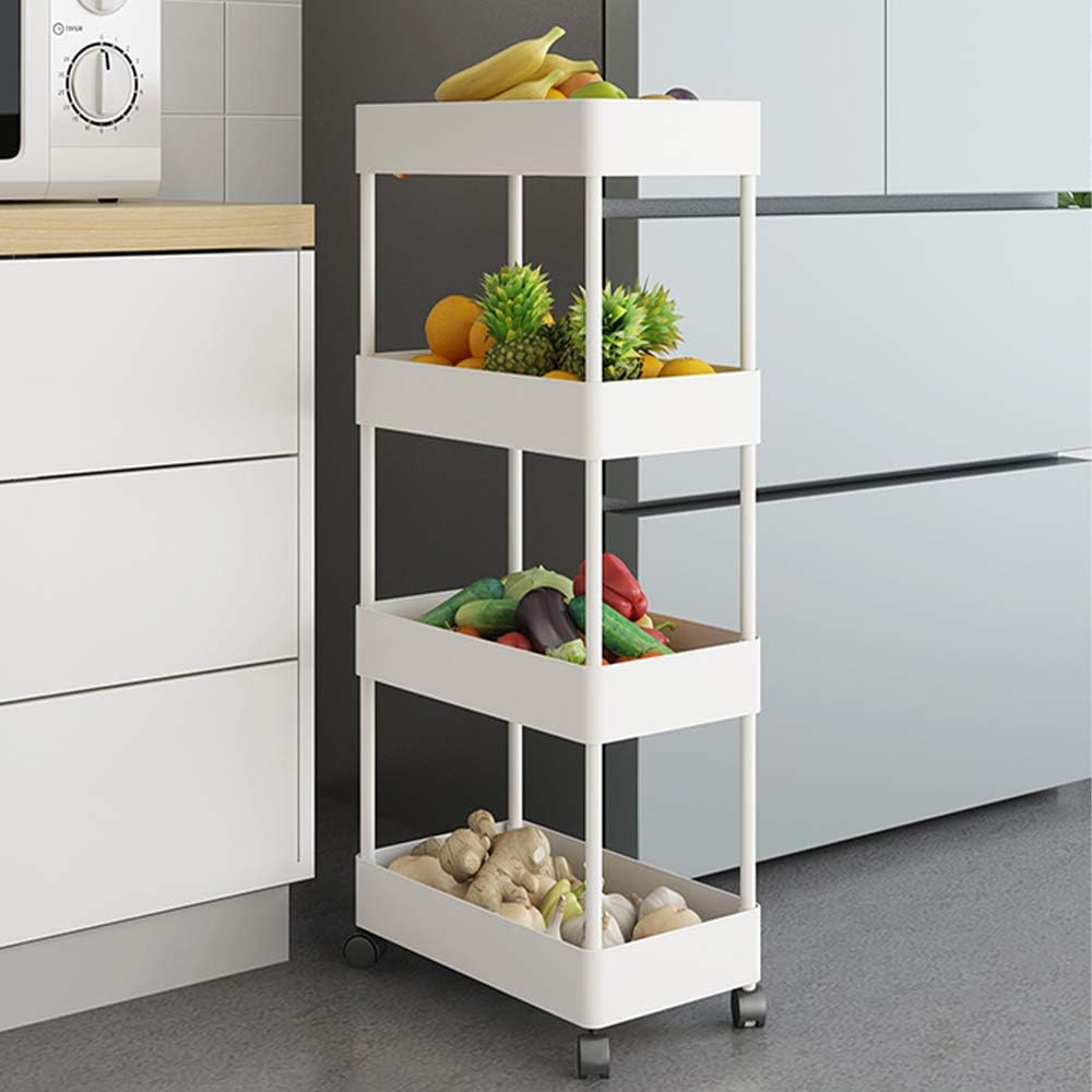 NiDream Bedding 4-Tier Rolling Cart, Utility Storage Cart, Storage Rolling Cart for Kitchen Bathroom Laundry Narrow Places, Plastic & Stainless Steel, White
