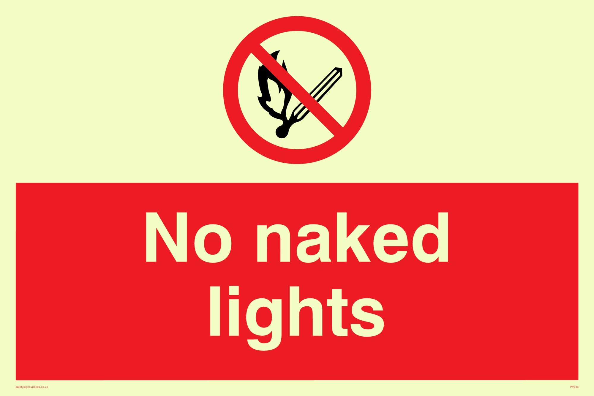 Viking Signs PV646-A4L-PV "No Naked Lights" Sign, Photoluminescent Sticker, 200 mm H x 300 mm W