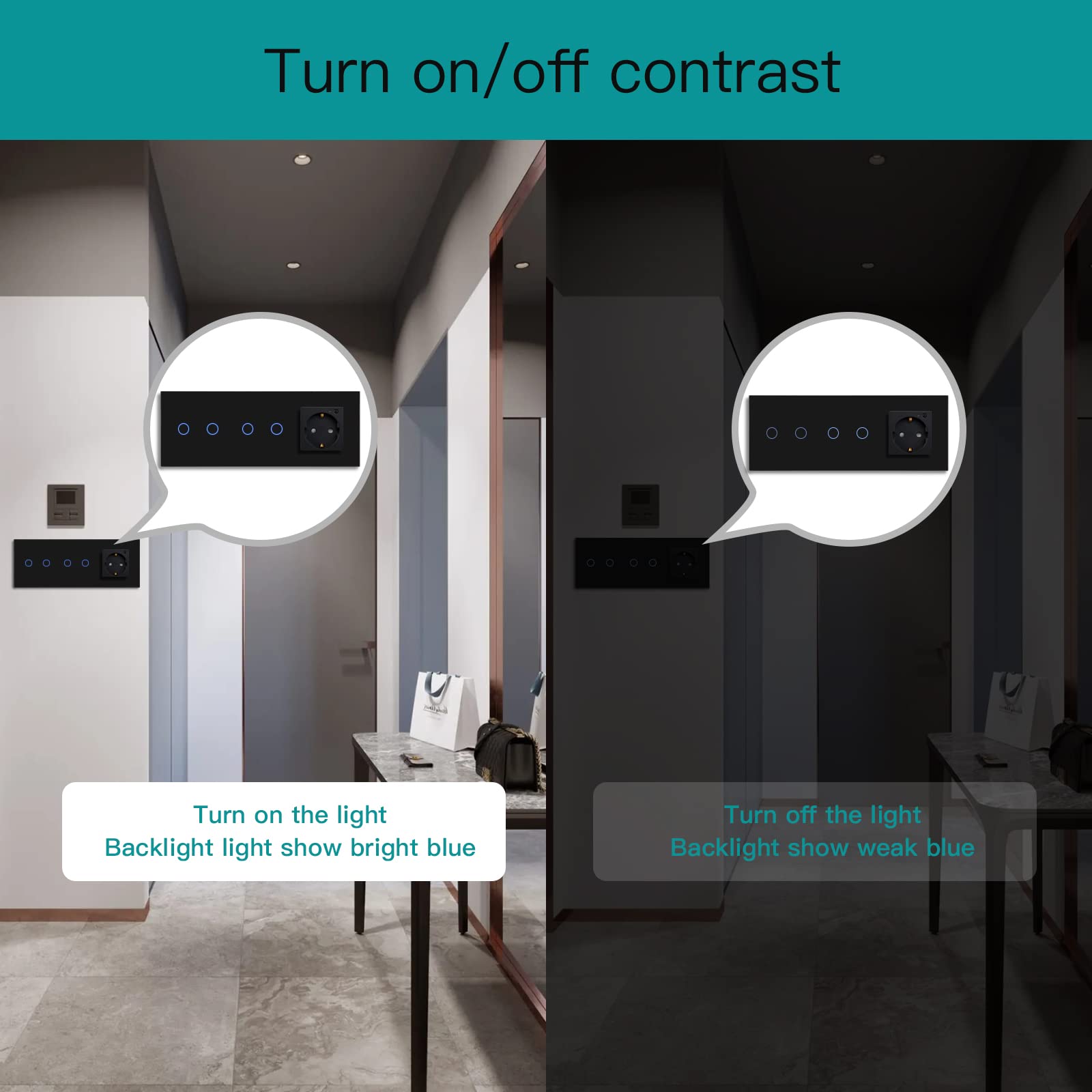 BSEED Schuko WLAN Steckdose mit Single Live Wifi Touch Schalter Wandsteckdose Unterputz Senkrecht aus Glas mit Doppelt Smart Alexa Lichtschalter(Kein Neutralleiter Erforderlich) 2 Fach 1 Weg Schwarz