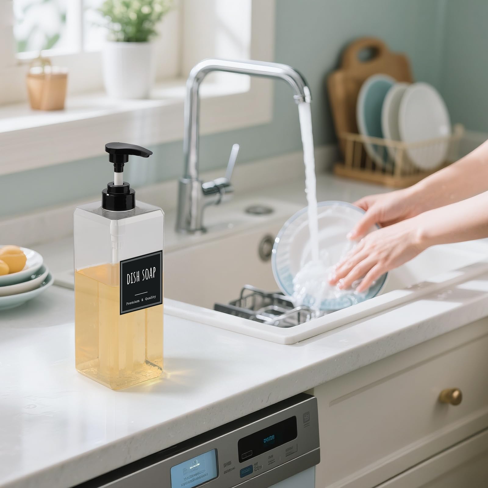 Segbeauty Dispenser Sapone Bagno Trasparente, 3 Pezzi 1000ml Dosatore Shampoo con Etichetta, Flaconi Vuoti in Plastica, Dispenser Sapone per Cucina e Bagno (Quadrato)