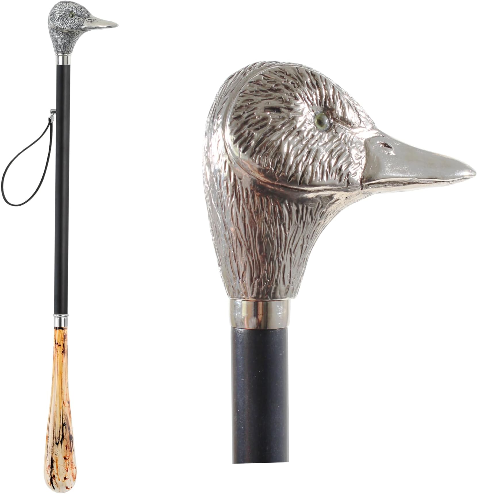 Design shoehorn made of wood with a silver DUCK head