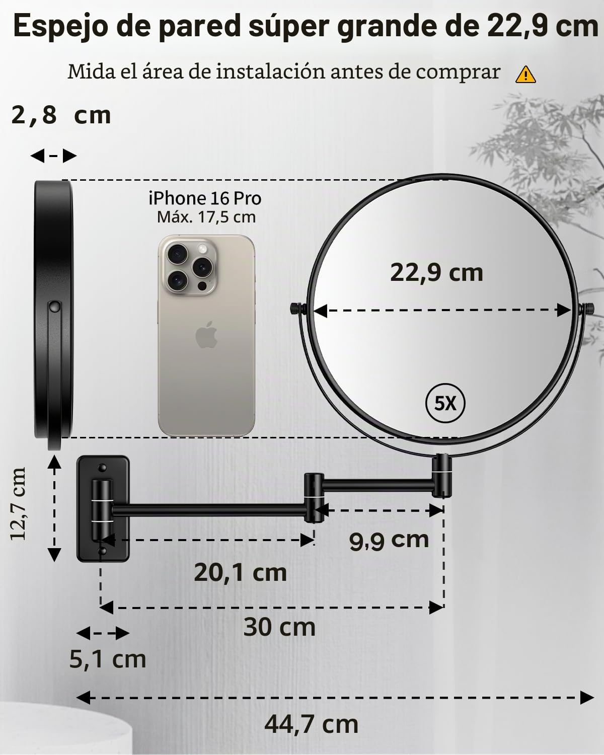 Gospire Espejo de Maquillaje de 9 Pulgadas, Aumento 1X/10X, Espejo Giratorio de Doble Cara, Espejo de Pared de baño Pulido Negro para Mujeres y Hombres