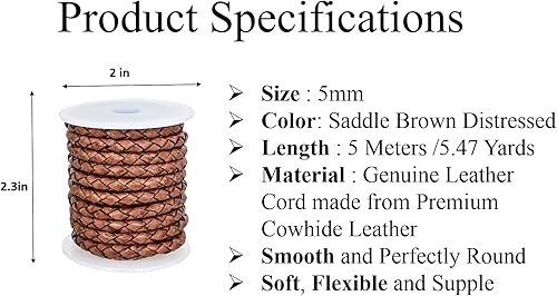 Miniatura 2 de Cuerda de cuero trenzada redonda realgenuina doblada, cuerda de cuero para manualidades, fabricación de joyas, collares, pulseras (16.4 ft) (0.197