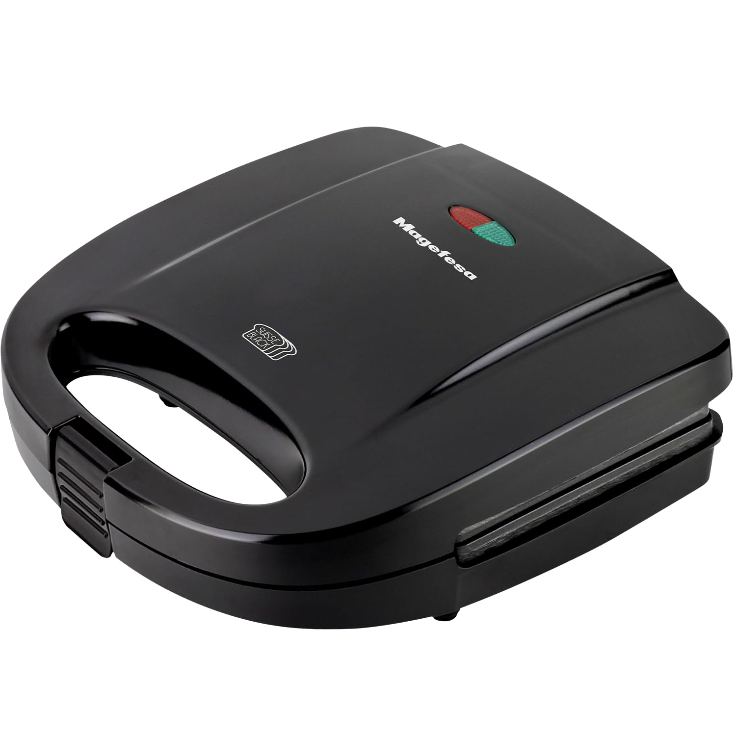 Magefesa Suisse Black - Sanwichera Negra, Capacidad para 2 Sandwiches, Asa Fría al Tacto, Placas Grill Antiadherentes, Sin BPA, Sellado Perfecto