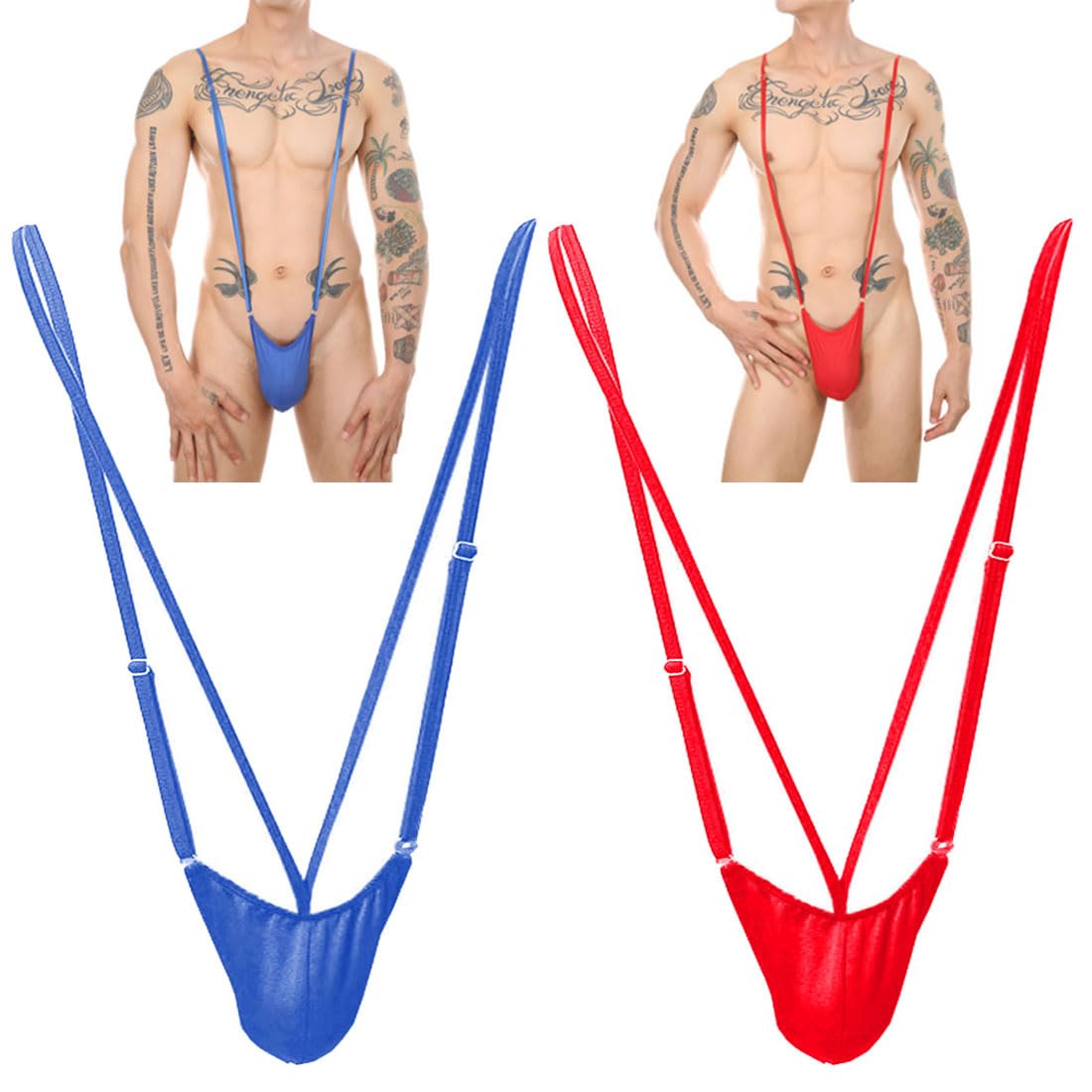 Perizoma Uomo Sexy V Sling Manikini Borat Costume da bagno Costume da festa Bikini String Lingerie Maschio 2 Pack Blu + Rosso, 2 confezioni (blu + rosso), Taglia unica