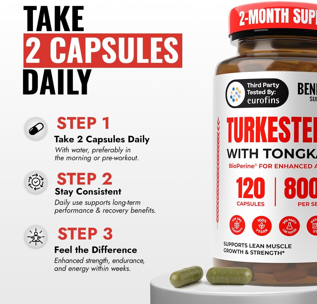 Benevolent Turkesterone with Tongkat Ali & BioPerine (Max Absorption) - Highest Purity 8,000mg Turkesterone Supplement for Men & Women - Increase Stamina, Muscle Growth, Recovery, 2 Months Supply