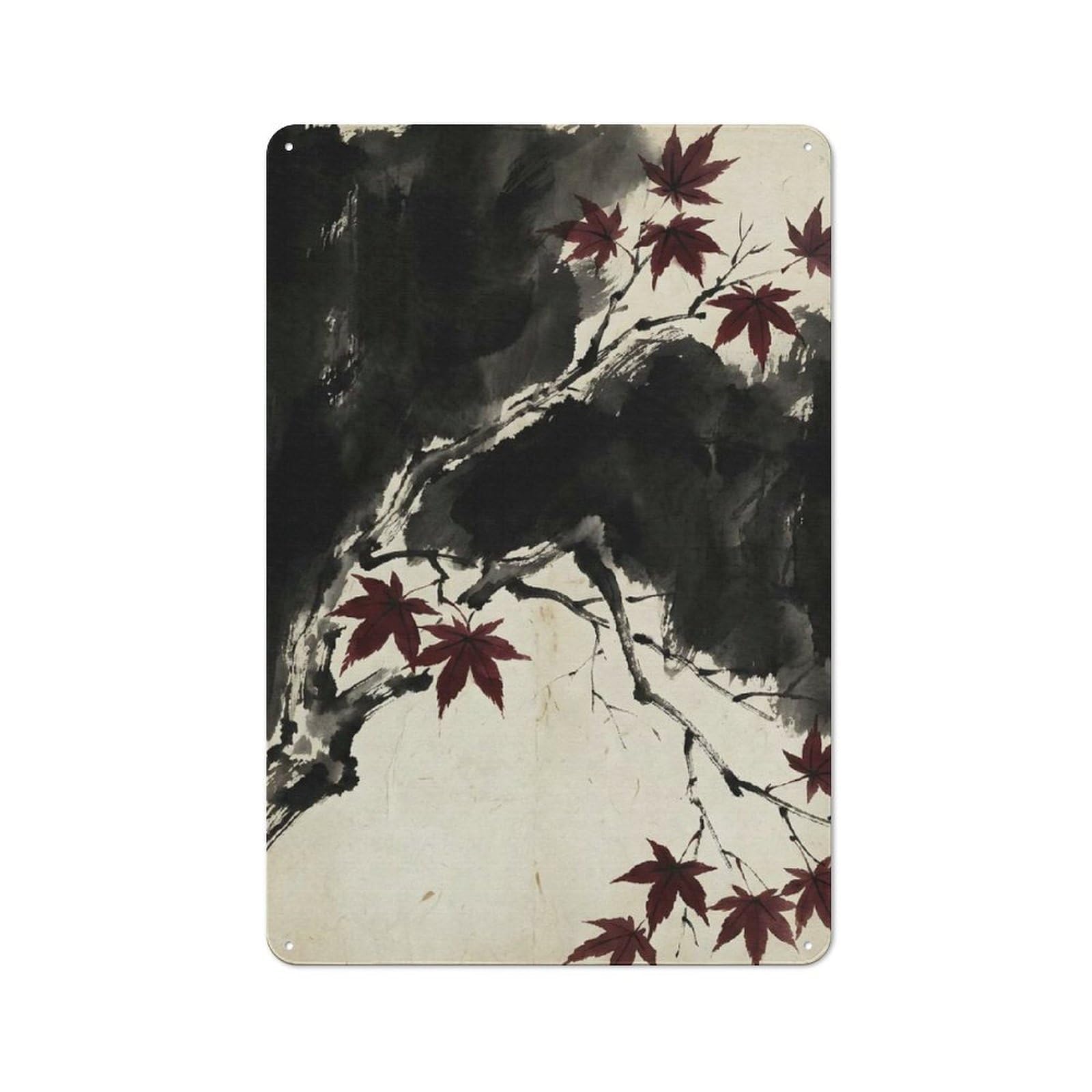 Japanese Maple Ink Painting Rustic Metal Wall Sign 30x20cm for Hobby Room Or Studio, for Vintage Wall Decor Fans, for Themed Room Decoration