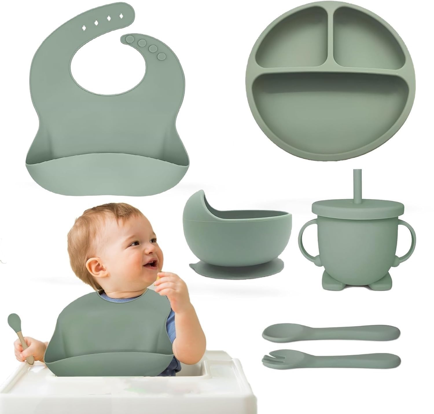 opriQ 6PCS Silicone Baby Feeding Set | Baby-Led Weaning Essentials with Suction Bowl, Divided Plate, Bib, Spoon, Fork & Cup | BPA-Free, Food-Grade, Dishwasher & Microwave Safe (Green)-image-19