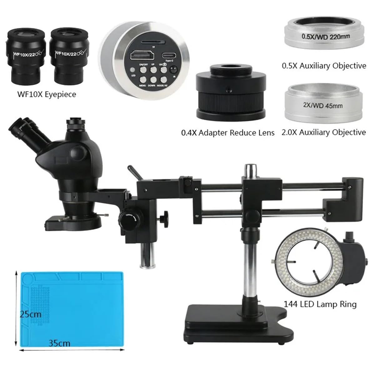 Microscope 8X-50X 4X-100X Zoom Simul Focal Double Boom Stand Stereo Trinocular Microscope + 0.5X 2.0X Lens for PCB Soldering Repair(48MP 4K HDMI)