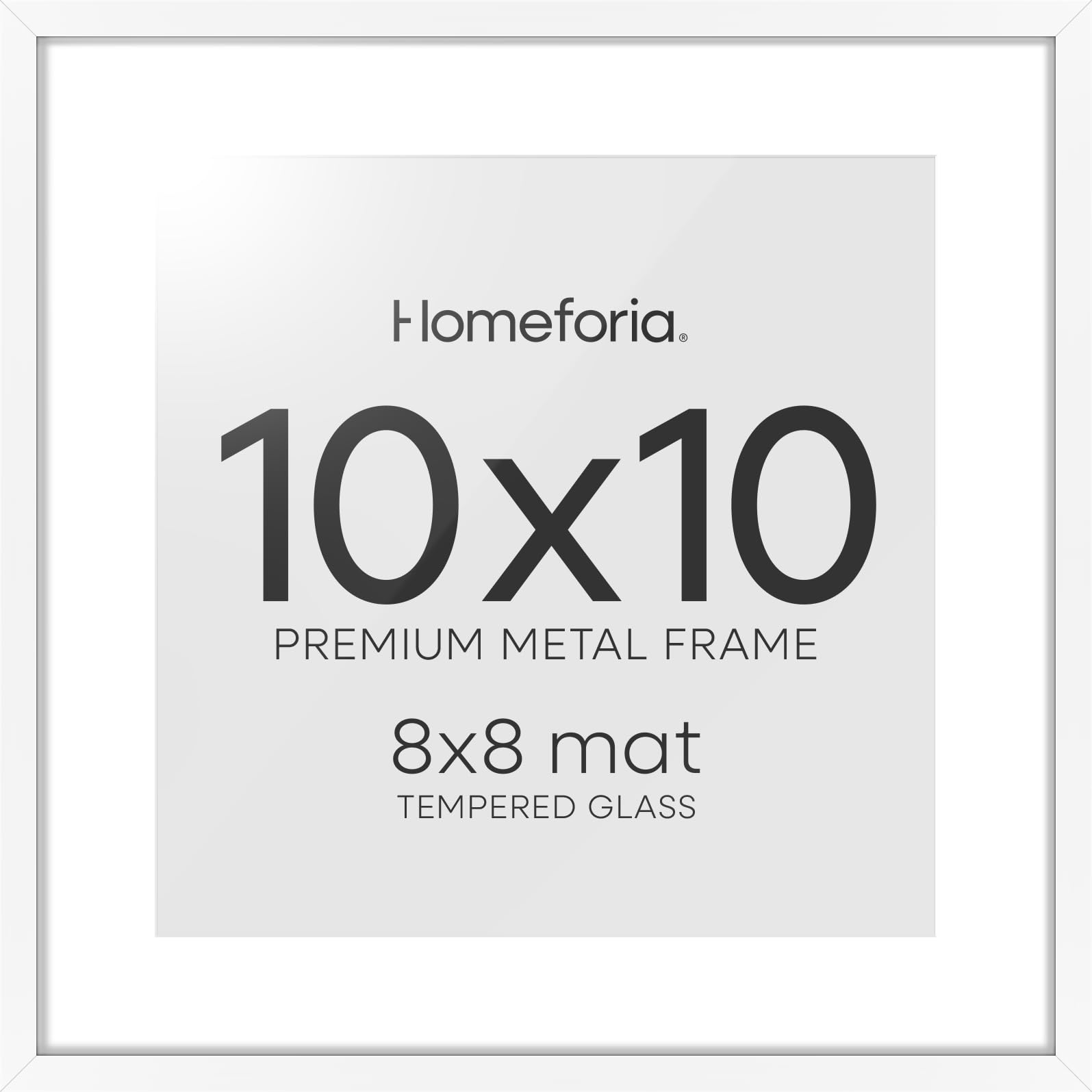 Homeforia 10x10 White Picture Frame, High-End Metal, 8x8 Mat, Glass | High End Aluminum, Tempered Glass, Acid-Free 8x8 Removable Mat, 10x10 in Edge-to-Edge Display 10x10, Wall Kit, Set Of 1