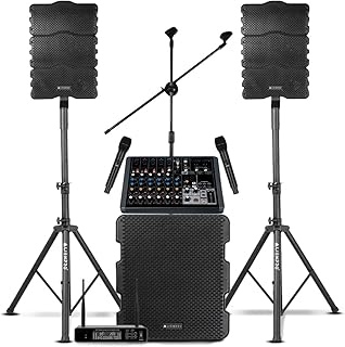ALIENPRO Bocina Vector 15 Advanced Sistema Line Array 600W RMS con Mezcladora, 2 Micrófonos Inalámbricos UHF, USB, Bluetooth y Subwoofer 15” Kit para Escuelas, Iglesias, Eventos, Bares