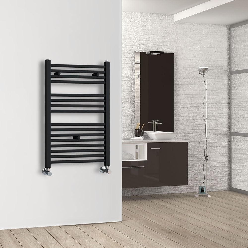 Kibath Toallero Secatoallas radiador para integrar en circuito de agua caliente, tubos de acero con acabado lacado en negro 800x500, Válido para red de calefacción estandar, L410603