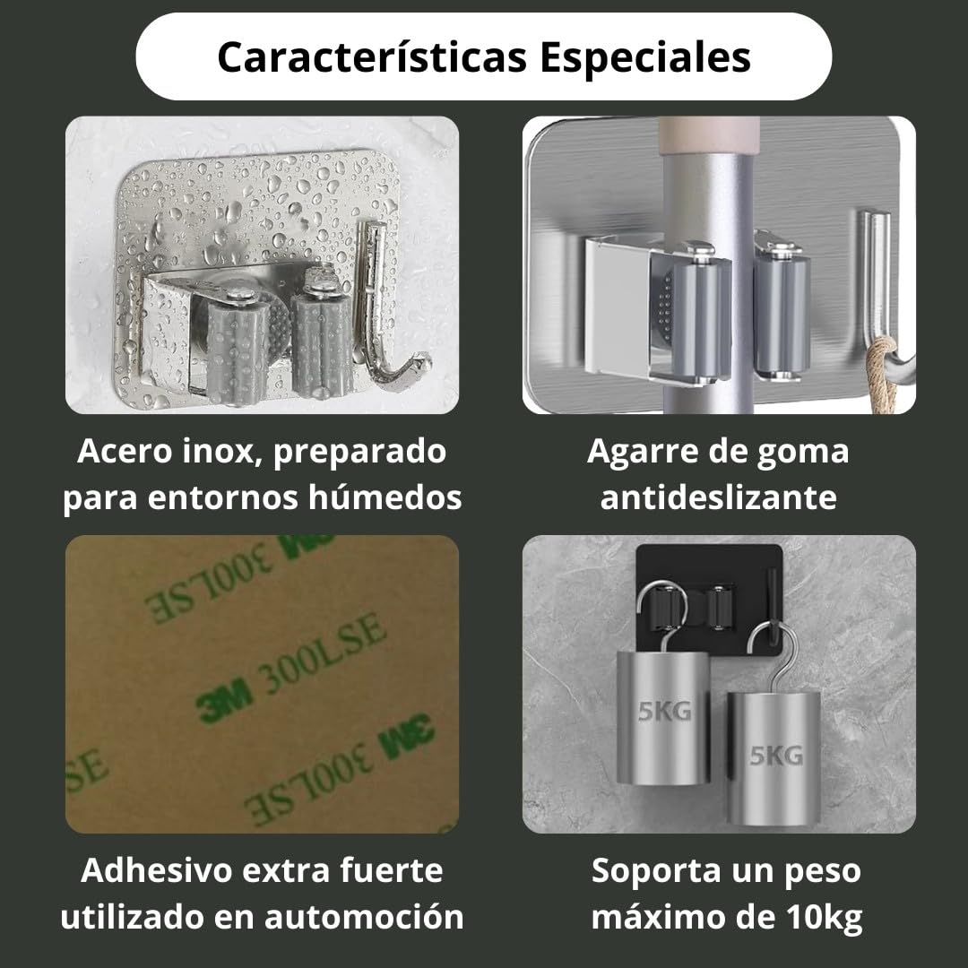 Set di 4 ganci per scopa e mozzi adesivi, organizer e supporto scope da parete adesivo, appendere e sostenere scope, scopino da parete - Porta scopa per appendere scopa e mocio (grigio