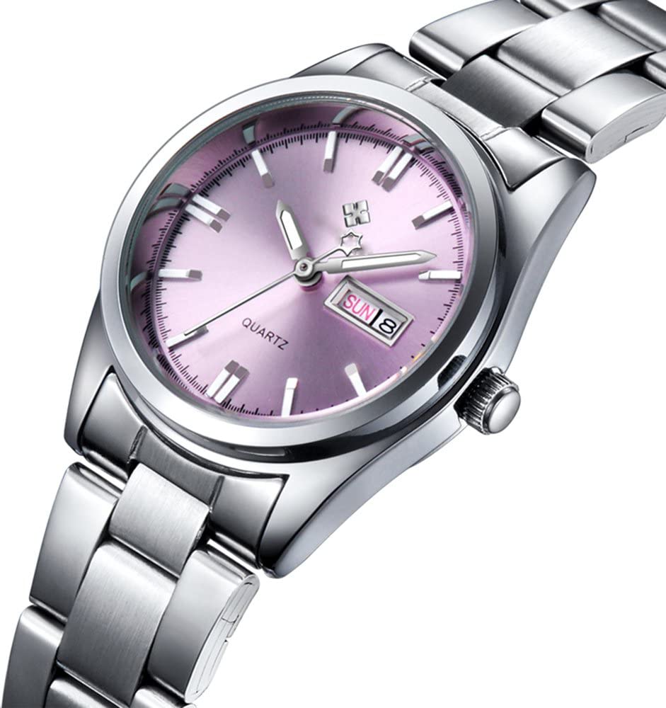 Relojes para mujer, analógico, de cuarzo plateado, de acero inoxidable, luminoso, impermeable, para mujer, Rosado, Movimiento de cuarzo 2