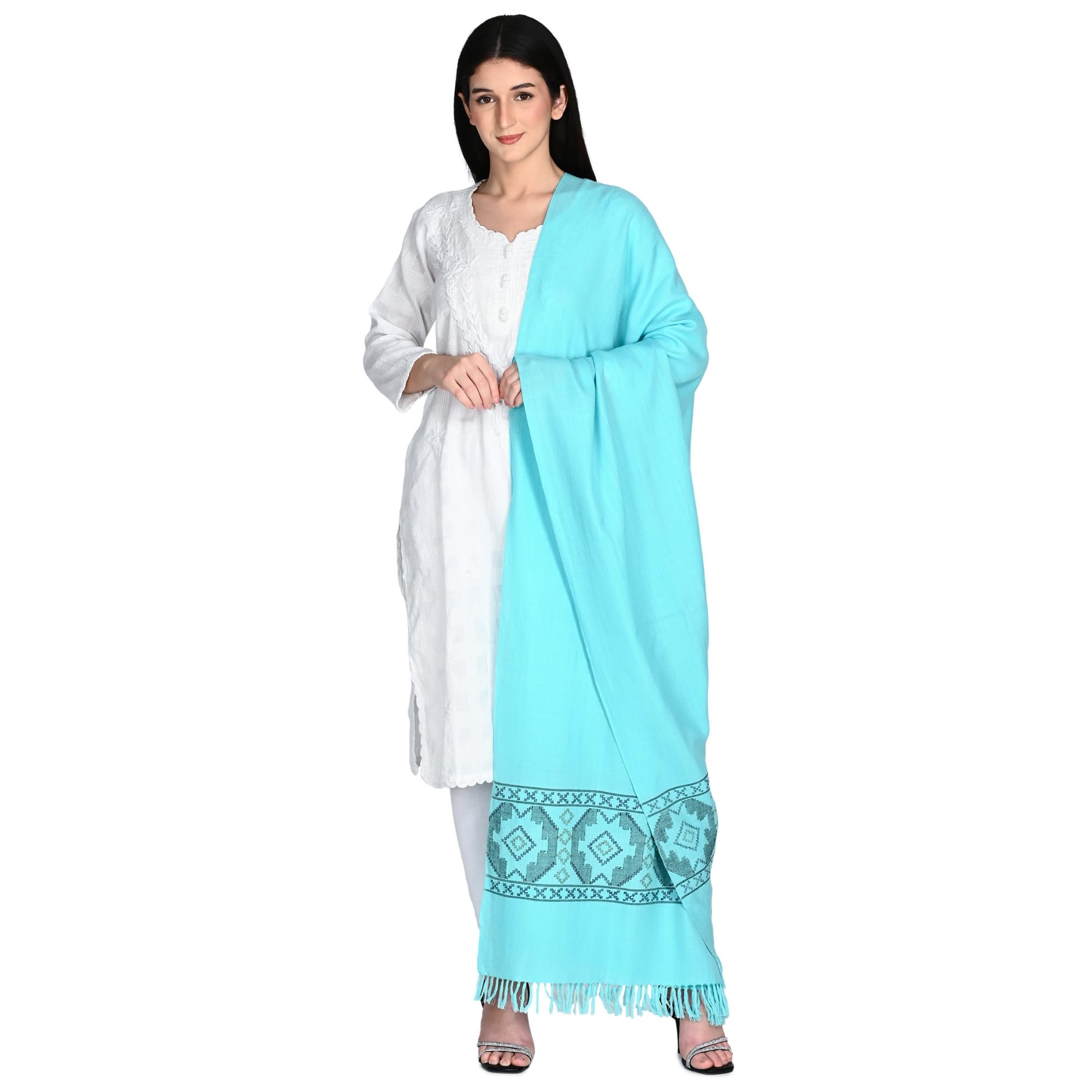 Women Lambswool Allover Sideborder Shawl Turquoise Cozy Ethnic Layer Soft Seasonal Collection-image-38