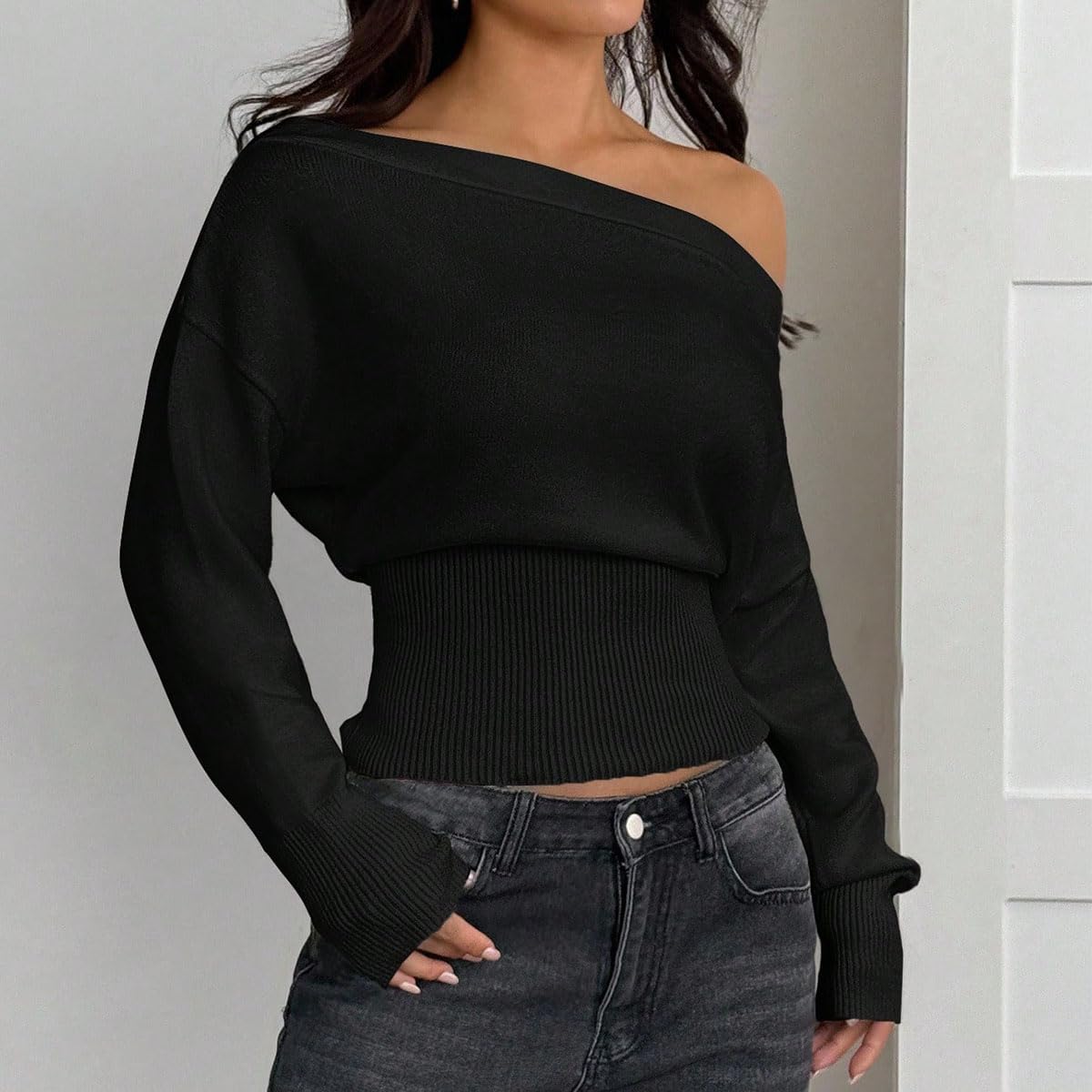 LOFAAC Women Sexy Off Shoulder Cinched Waist Knitted Sweater Top Asymmetrical Neck Long Sleeve Ribbed Pullover Jumper - Image 6