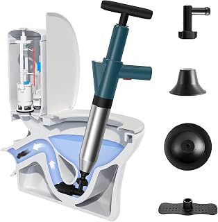 RUN.SE Toilet Plunger Air Drain Blaster Kit, Clog Remover with 4 Replaceable Heads & Visual Barometer, High Pressure Air Toilet Unclogger Plumbing Tools for Clogged Toilet Sink Sewer Pipe Dredge