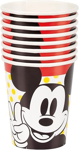 Disney - Vasos de papel de Mickey Mouse  9 onzas (paquete de 8)  Diseño vibrante y elementos esenciales ecológicos para fiestas de cumpleaños