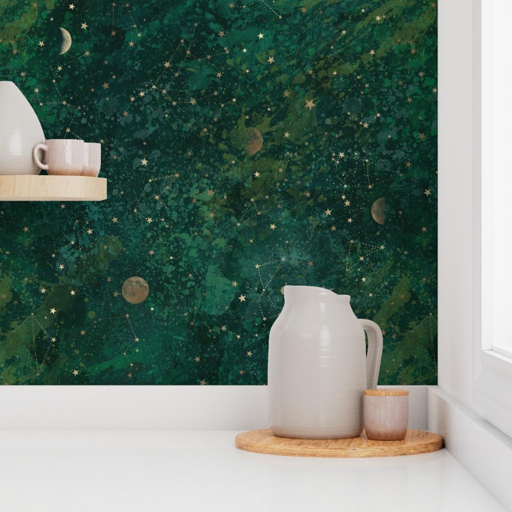 Spoonflower Removable Wallpaper 3ft x 2ft - Dark Green Moon Stars Bohemian Star Night Celestial Custom Pre-Pasted Wallpaper